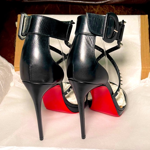 Christian Louboutin ChocaLux 100 spike Napa blk leather stiletto sandals EU 38.5 - Picture 7 of 11